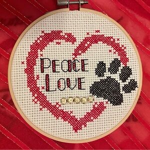 Peace &  Love Cross Stitch - Paw Print on Red Heart